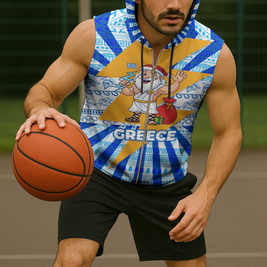 Greece Christmas Sleeveless Zip Hoodie with Zeus Santa Greek Flag Lightning Bolt Gift Bag and Blue Yellow Pattern Design - Wonder Print Shop