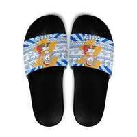 Greece Christmas Slide Sandals with Zeus Santa Greek Flag Lightning Bolt Gift Bag and Blue Yellow Pattern Design - Wonder Print Shop