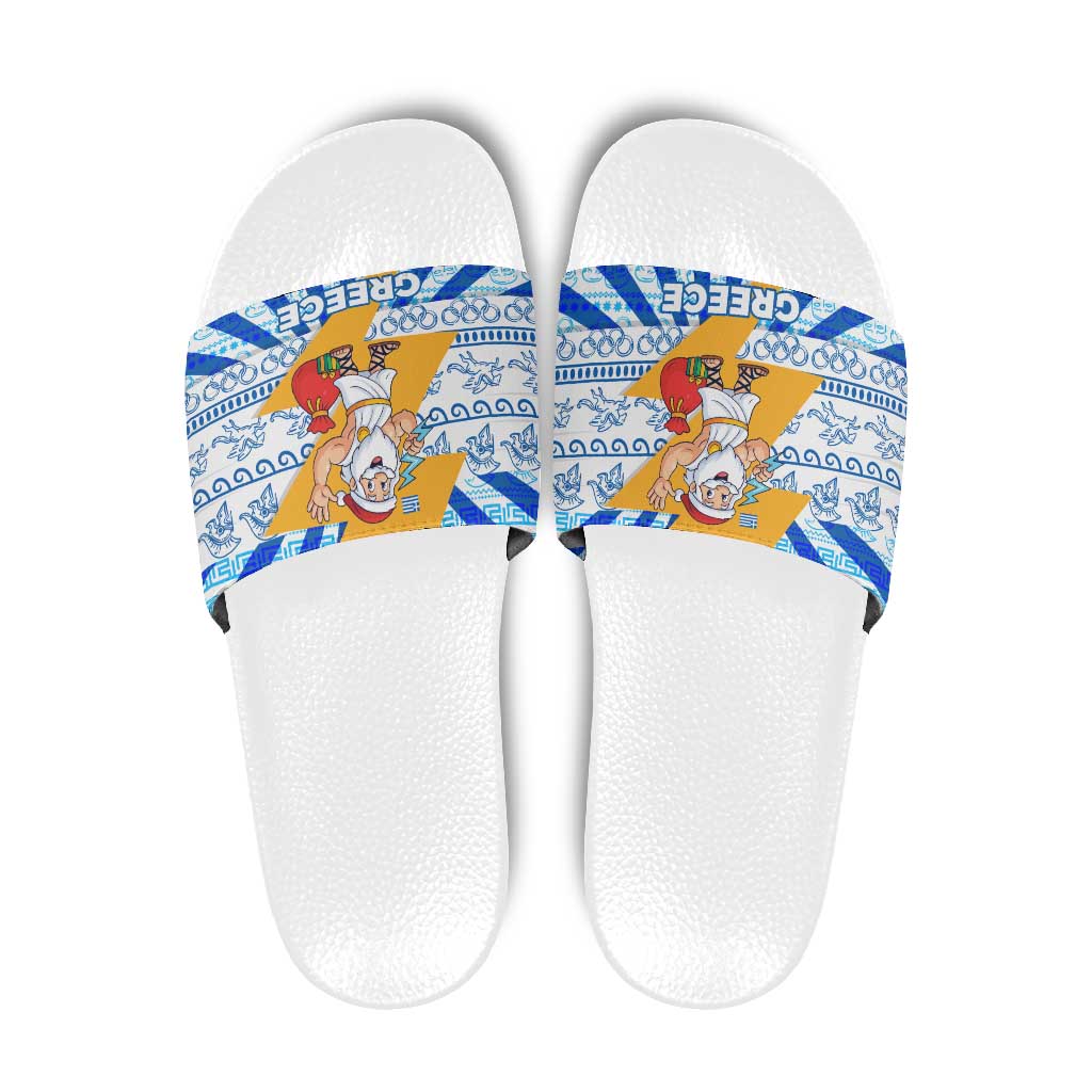 Greece Christmas Slide Sandals with Zeus Santa Greek Flag Lightning Bolt Gift Bag and Blue Yellow Pattern Design - Wonder Print Shop