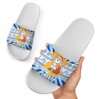 Greece Christmas Slide Sandals with Zeus Santa Greek Flag Lightning Bolt Gift Bag and Blue Yellow Pattern Design - Wonder Print Shop