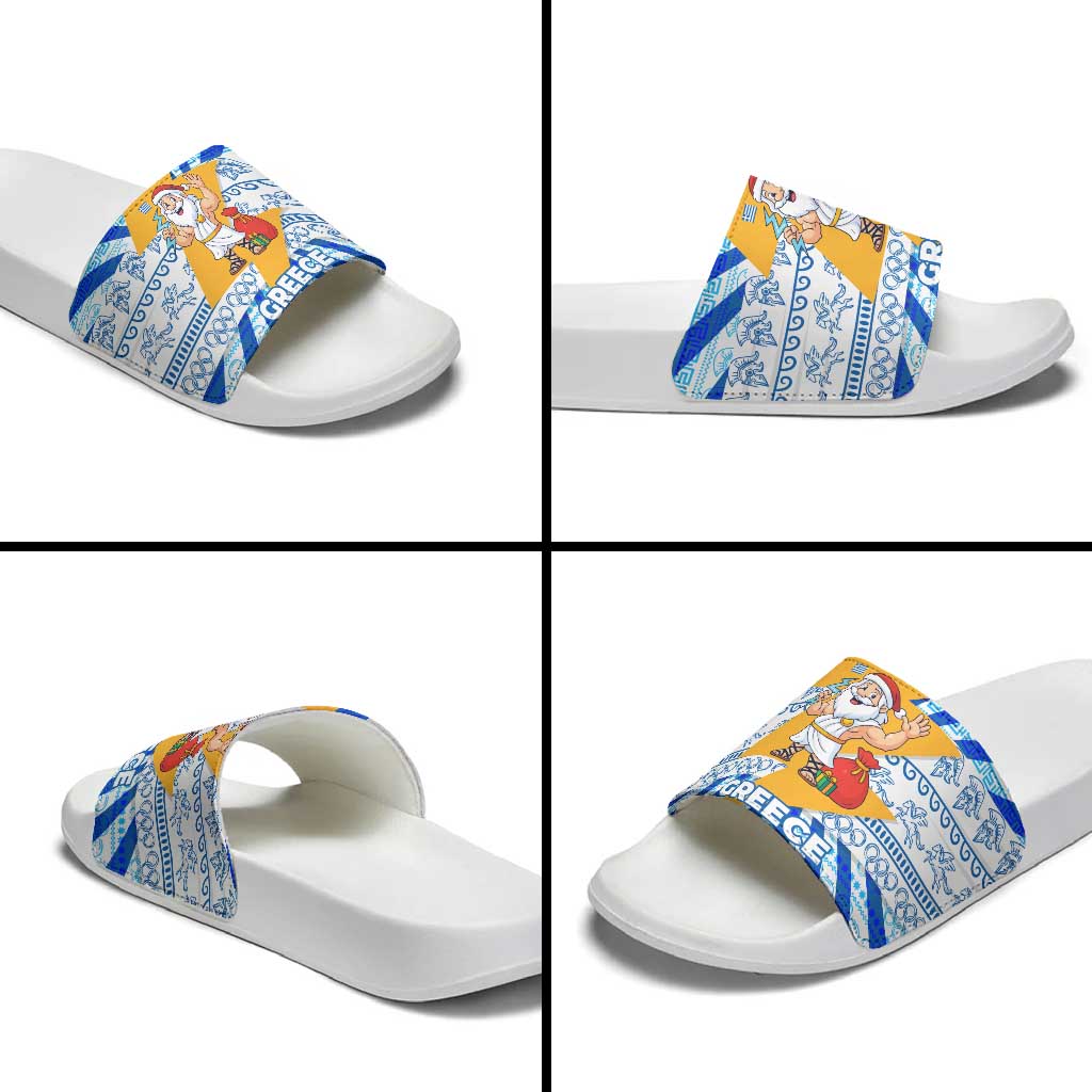 Greece Christmas Slide Sandals with Zeus Santa Greek Flag Lightning Bolt Gift Bag and Blue Yellow Pattern Design - Wonder Print Shop