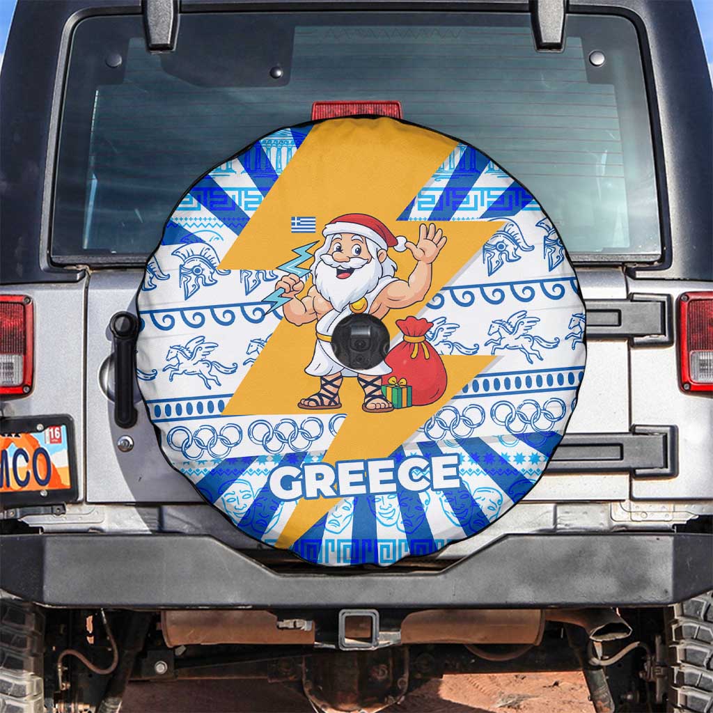 Greece Christmas Spare Tire Cover with Zeus Santa Greek Flag Lightning Bolt Gift Bag and Blue Yellow Pattern Design - Wonder Print Shop