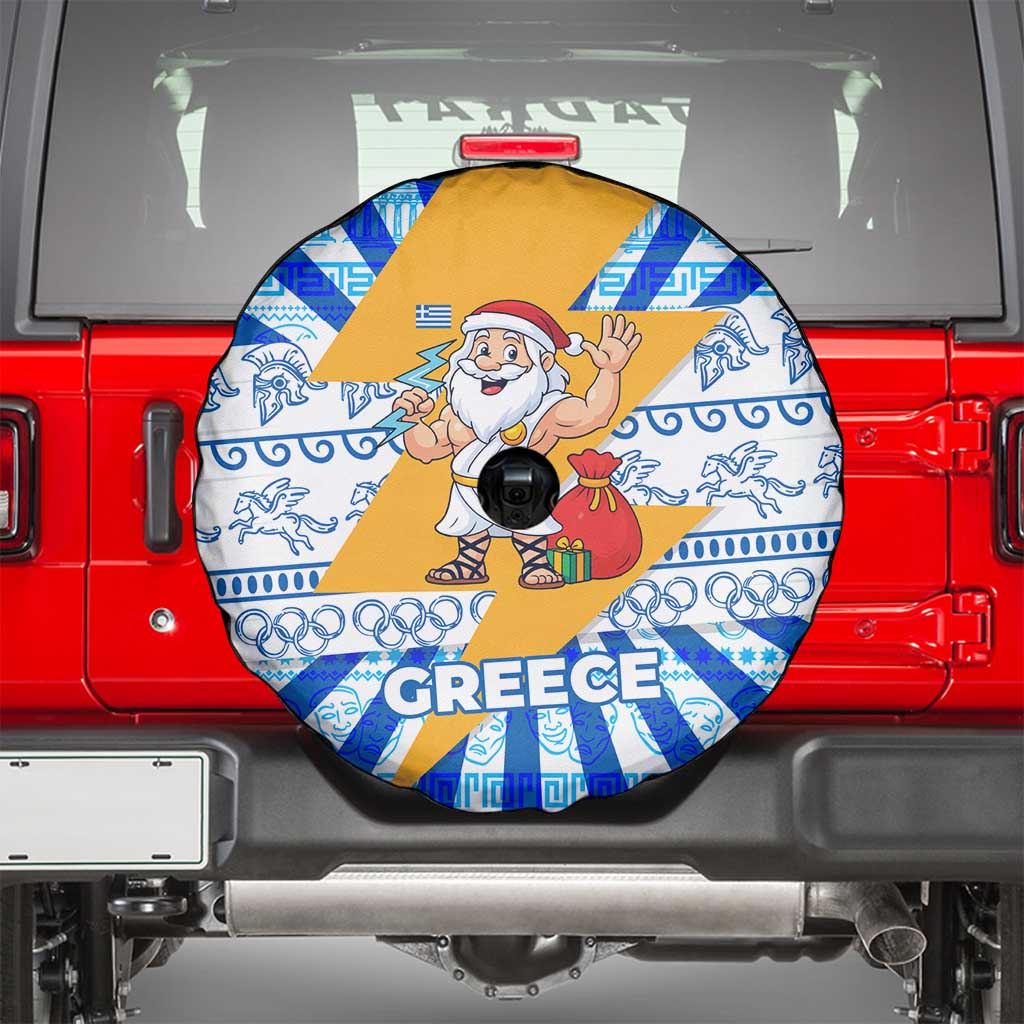 Greece Christmas Spare Tire Cover with Zeus Santa Greek Flag Lightning Bolt Gift Bag and Blue Yellow Pattern Design - Wonder Print Shop