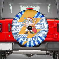Greece Christmas Spare Tire Cover with Zeus Santa Greek Flag Lightning Bolt Gift Bag and Blue Yellow Pattern Design - Wonder Print Shop