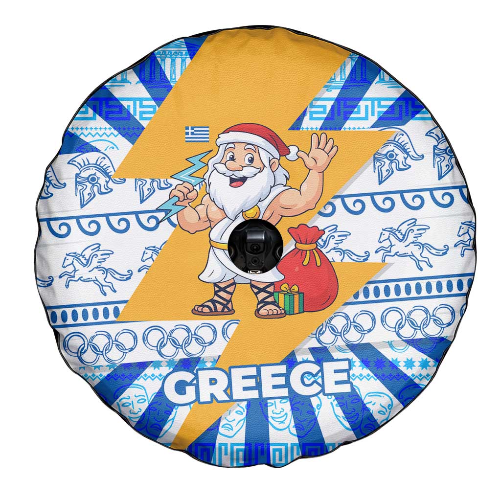 Greece Christmas Spare Tire Cover with Zeus Santa Greek Flag Lightning Bolt Gift Bag and Blue Yellow Pattern Design - Wonder Print Shop