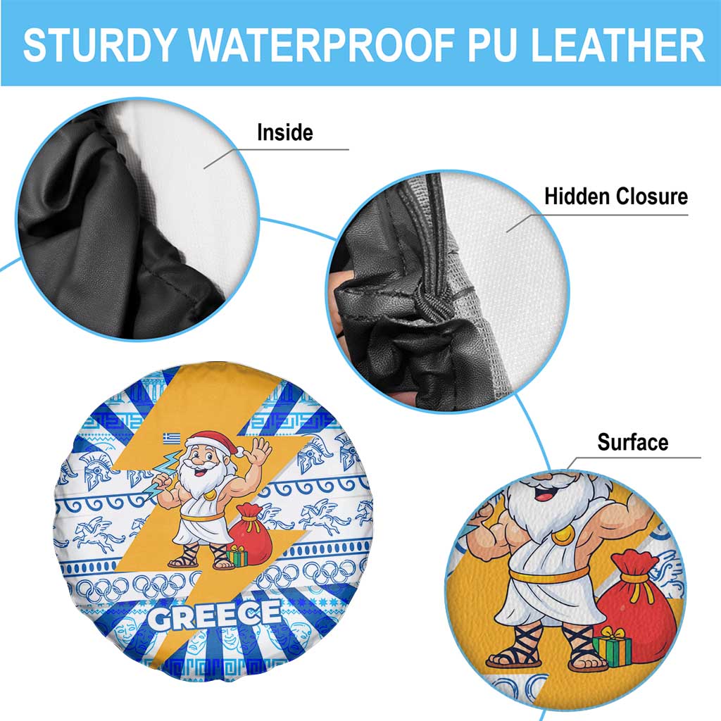 Greece Christmas Spare Tire Cover with Zeus Santa Greek Flag Lightning Bolt Gift Bag and Blue Yellow Pattern Design - Wonder Print Shop