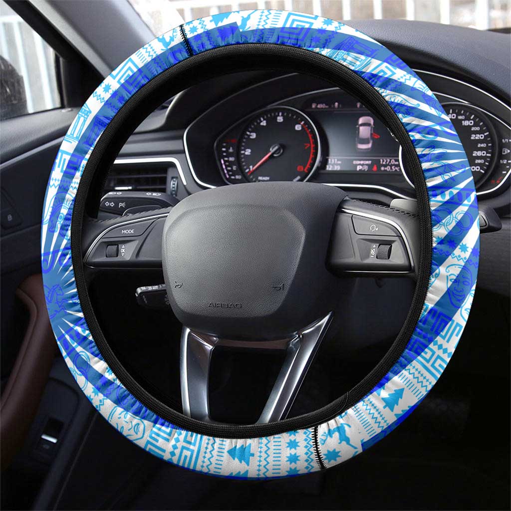 Greece Christmas Steering Wheel Cover with Zeus Santa Greek Flag Lightning Bolt Gift Bag and Blue Yellow Pattern Design - Wonder Print Shop