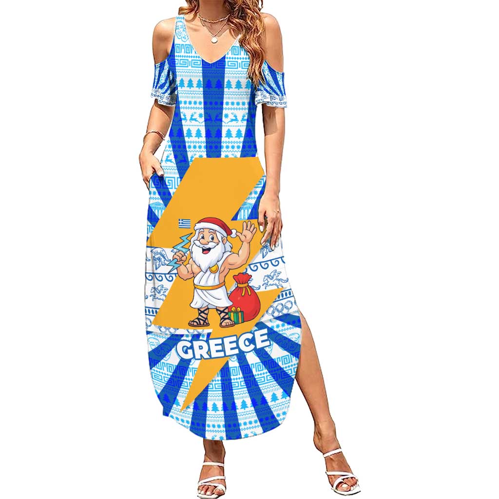 Greece Christmas Summer Maxi Dress with Zeus Santa Greek Flag Lightning Bolt Gift Bag and Blue Yellow Pattern Design - Wonder Print Shop