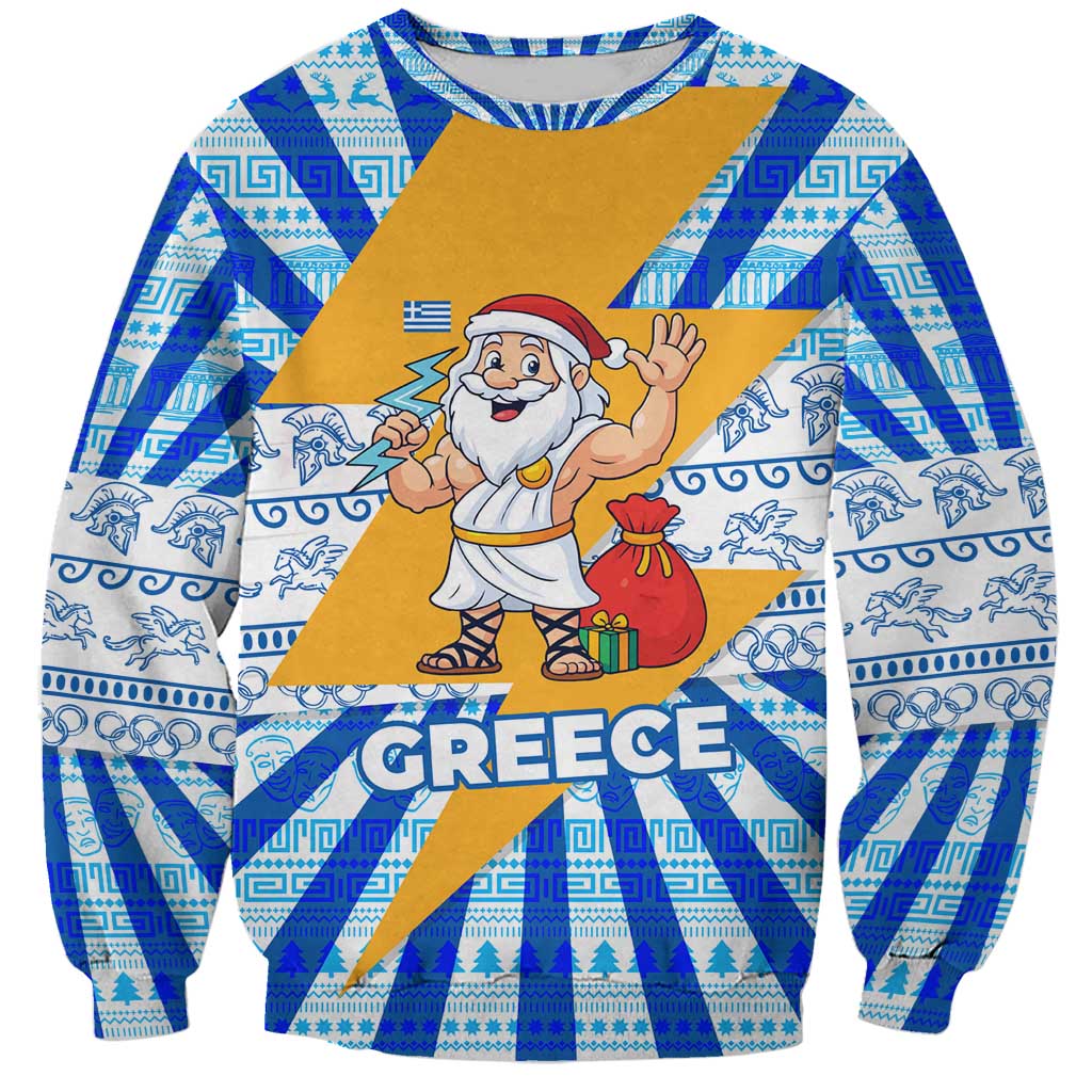 Greece Christmas Sweatshirt with Zeus Santa Greek Flag Lightning Bolt Gift Bag and Blue Yellow Pattern Design - Wonder Print Shop