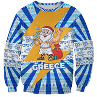 Greece Christmas Sweatshirt with Zeus Santa Greek Flag Lightning Bolt Gift Bag and Blue Yellow Pattern Design - Wonder Print Shop