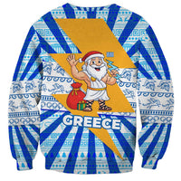 Greece Christmas Sweatshirt with Zeus Santa Greek Flag Lightning Bolt Gift Bag and Blue Yellow Pattern Design - Wonder Print Shop