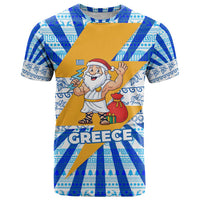 Greece Christmas T Shirt with Zeus Santa Greek Flag Lightning Bolt Gift Bag and Blue Yellow Pattern Design - Wonder Print Shop