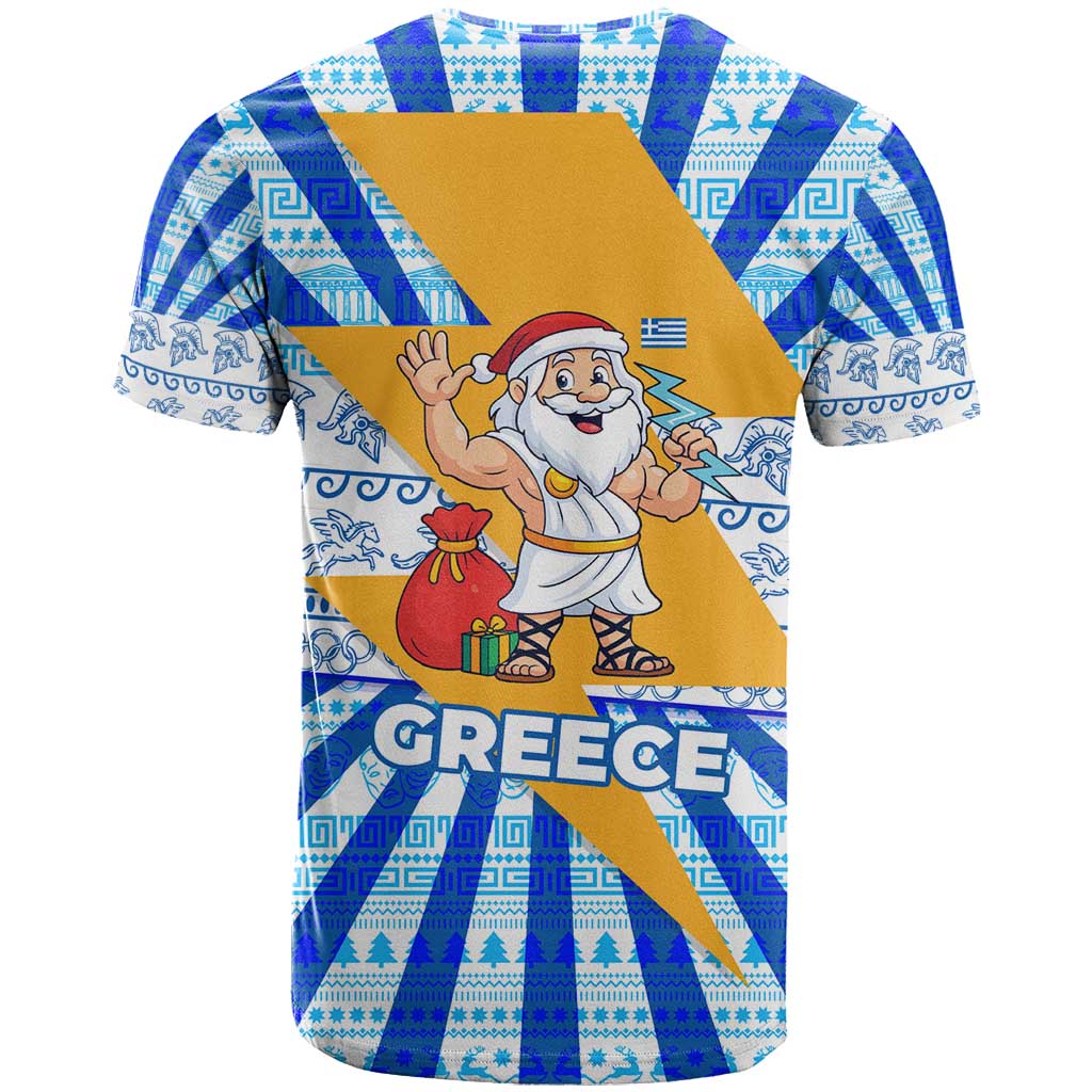Greece Christmas T Shirt with Zeus Santa Greek Flag Lightning Bolt Gift Bag and Blue Yellow Pattern Design - Wonder Print Shop