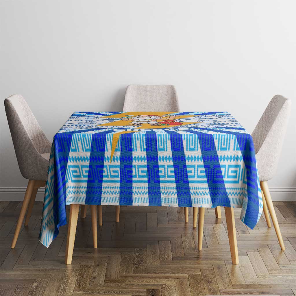 Greece Christmas Tablecloth with Zeus Santa Greek Flag Lightning Bolt Gift Bag and Blue Yellow Pattern Design - Wonder Print Shop