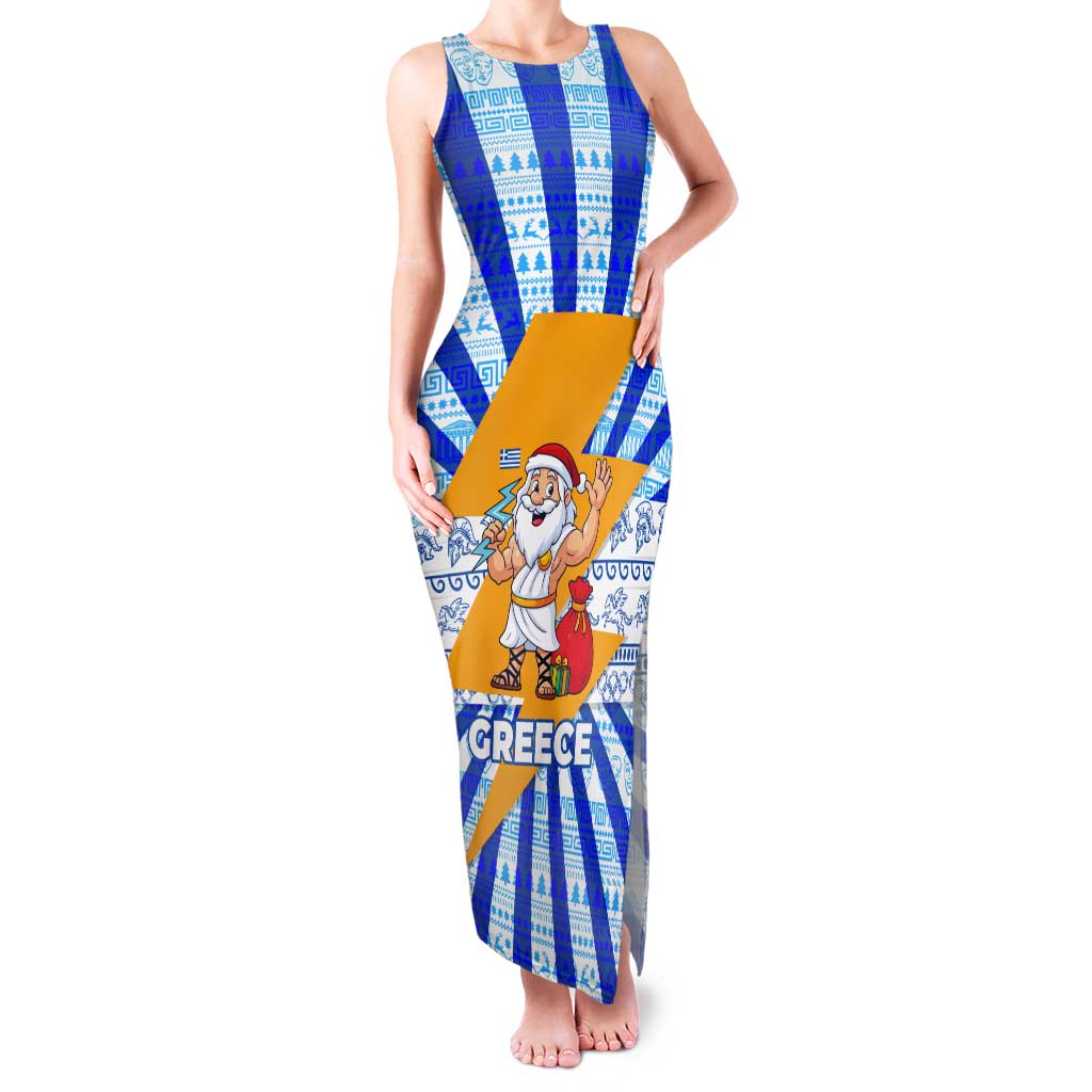 Greece Christmas Tank Maxi Dress with Zeus Santa Greek Flag Lightning Bolt Gift Bag and Blue Yellow Pattern Design - Wonder Print Shop