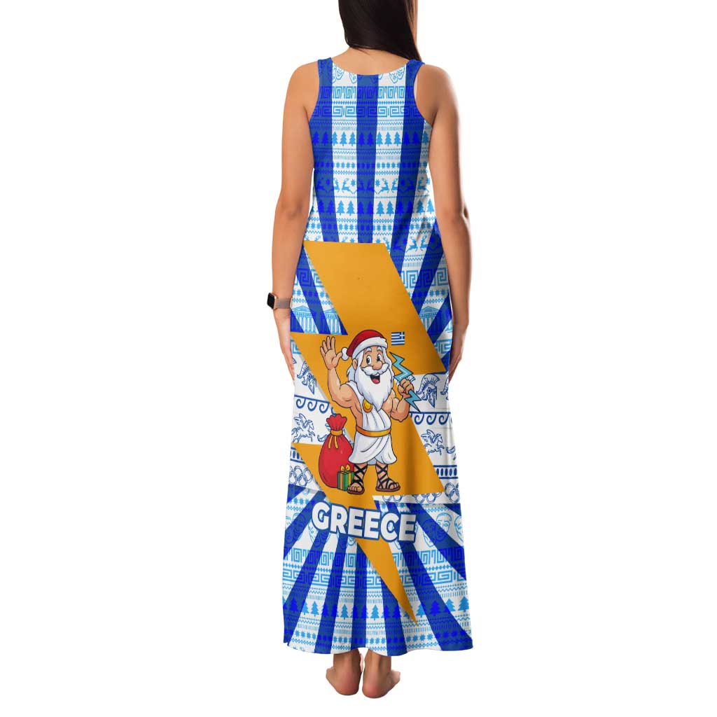 Greece Christmas Tank Maxi Dress with Zeus Santa Greek Flag Lightning Bolt Gift Bag and Blue Yellow Pattern Design - Wonder Print Shop