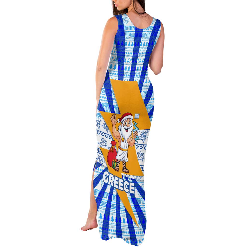 Greece Christmas Tank Maxi Dress with Zeus Santa Greek Flag Lightning Bolt Gift Bag and Blue Yellow Pattern Design - Wonder Print Shop