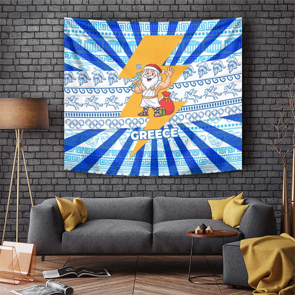 Greece Christmas Tapestry with Zeus Santa Greek Flag Lightning Bolt Gift Bag and Blue Yellow Pattern Design - Wonder Print Shop
