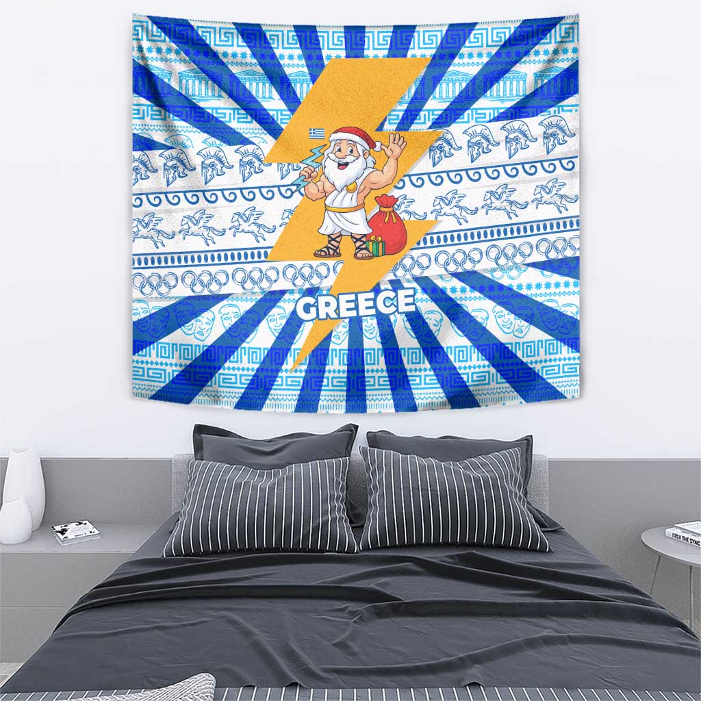 Greece Christmas Tapestry with Zeus Santa Greek Flag Lightning Bolt Gift Bag and Blue Yellow Pattern Design - Wonder Print Shop