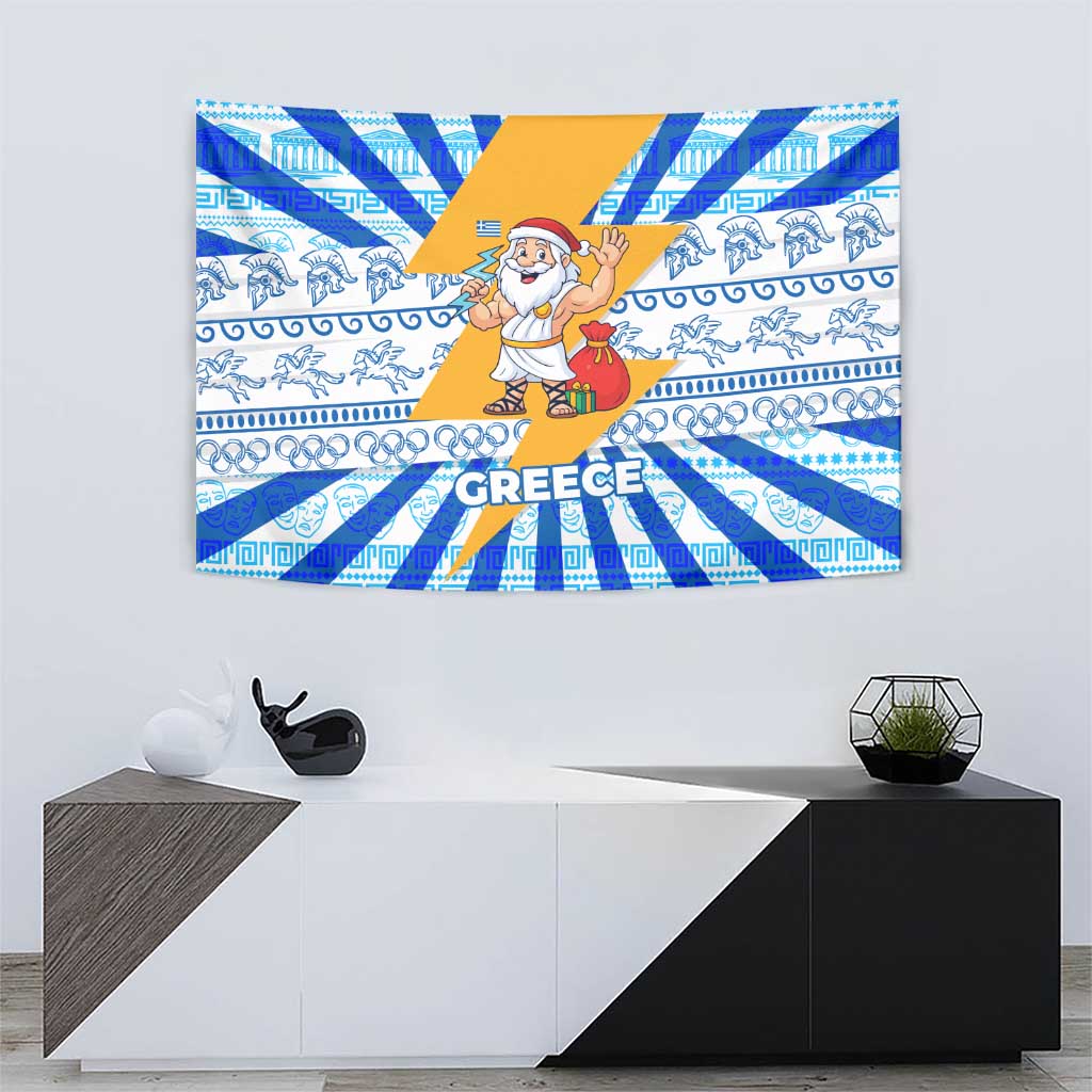 Greece Christmas Tapestry with Zeus Santa Greek Flag Lightning Bolt Gift Bag and Blue Yellow Pattern Design - Wonder Print Shop