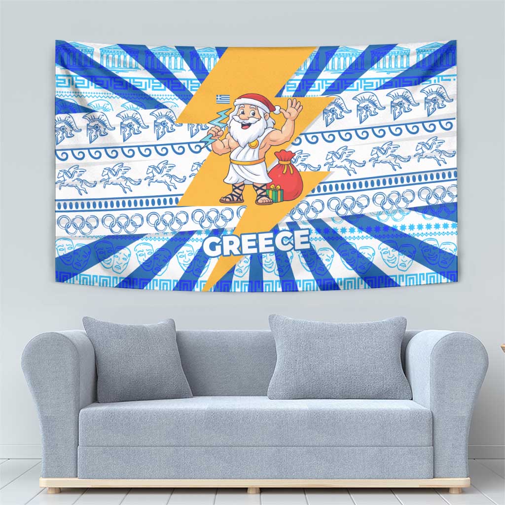 Greece Christmas Tapestry with Zeus Santa Greek Flag Lightning Bolt Gift Bag and Blue Yellow Pattern Design - Wonder Print Shop