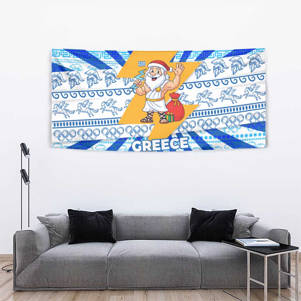 Greece Christmas Tapestry with Zeus Santa Greek Flag Lightning Bolt Gift Bag and Blue Yellow Pattern Design - Wonder Print Shop