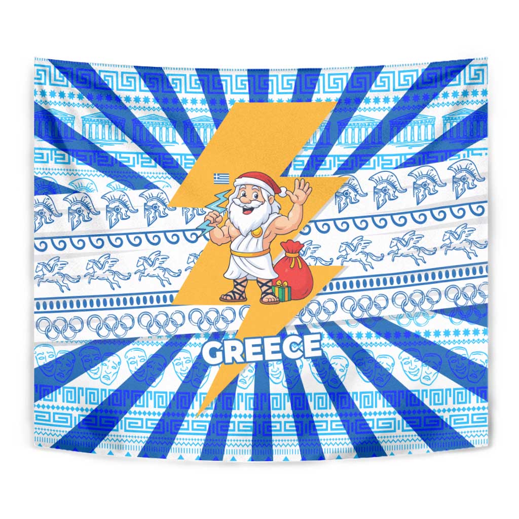 Greece Christmas Tapestry with Zeus Santa Greek Flag Lightning Bolt Gift Bag and Blue Yellow Pattern Design - Wonder Print Shop
