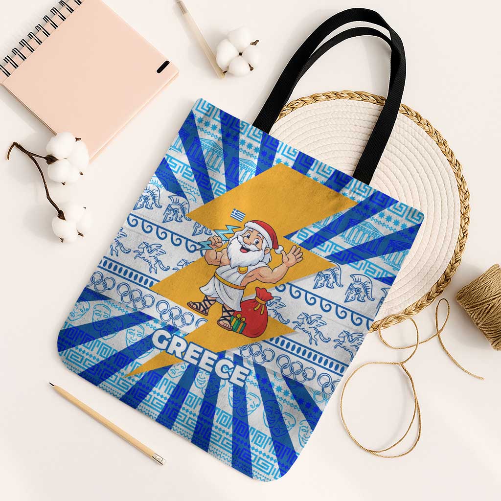 Greece Christmas Tote Bag with Zeus Santa Greek Flag Lightning Bolt Gift Bag and Blue Yellow Pattern Design - Wonder Print Shop