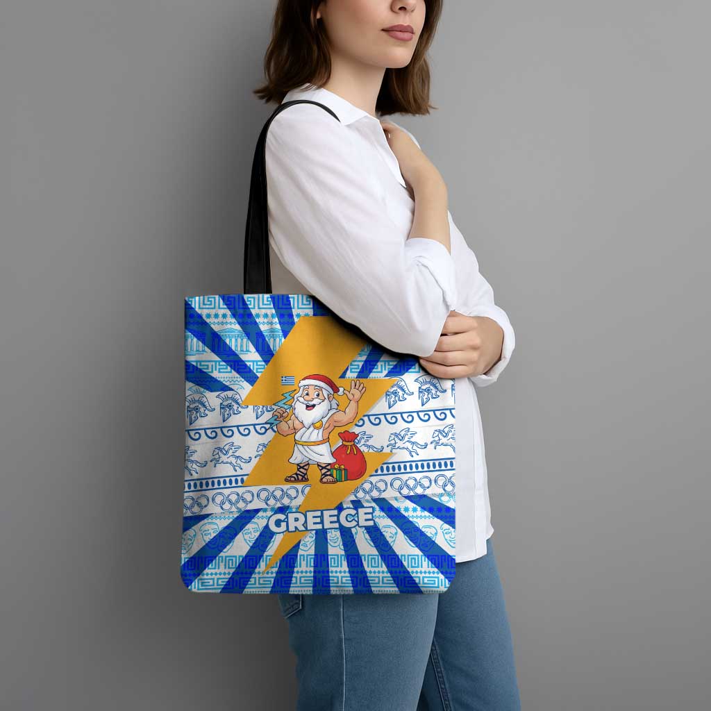 Greece Christmas Tote Bag with Zeus Santa Greek Flag Lightning Bolt Gift Bag and Blue Yellow Pattern Design - Wonder Print Shop
