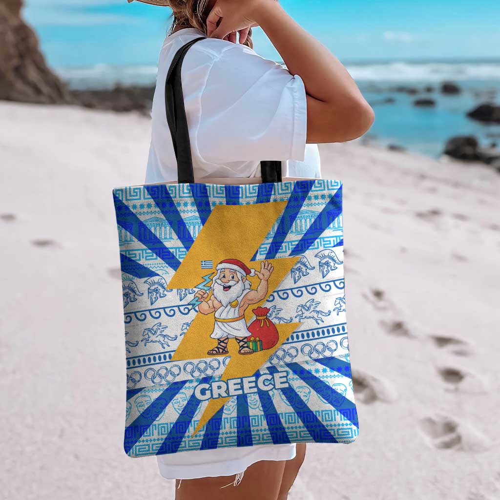 Greece Christmas Tote Bag with Zeus Santa Greek Flag Lightning Bolt Gift Bag and Blue Yellow Pattern Design - Wonder Print Shop