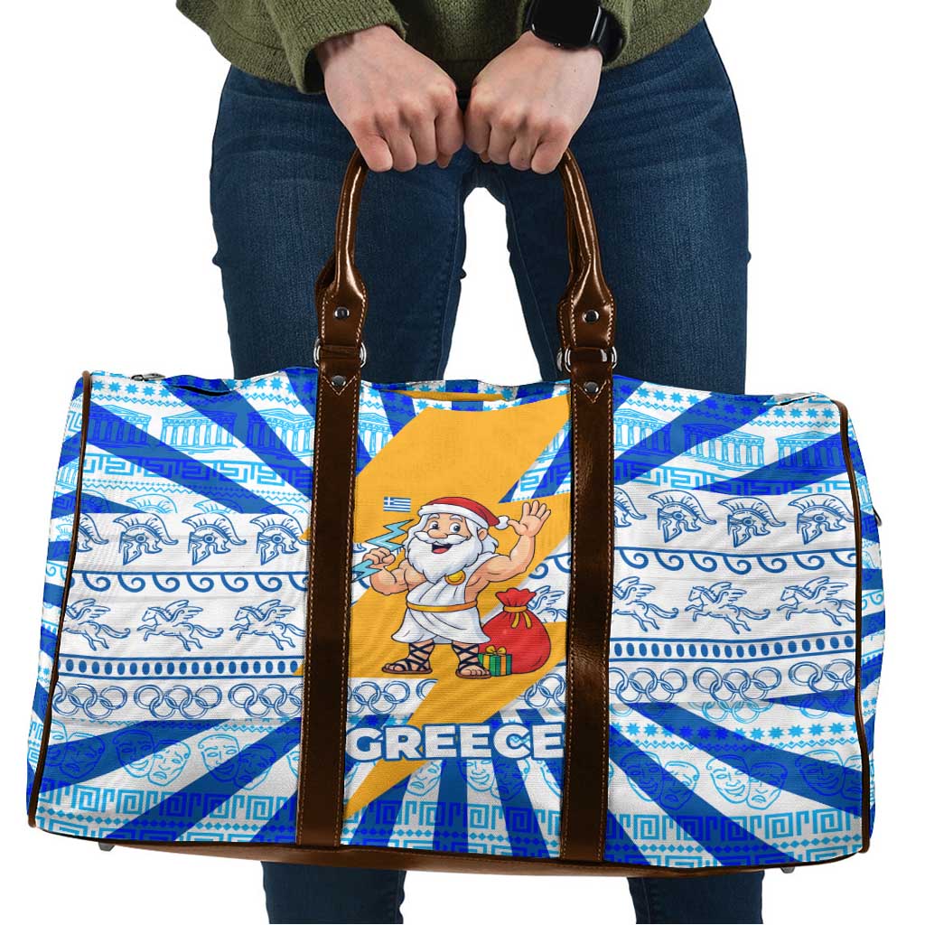 Greece Christmas Travel Bag with Zeus Santa Greek Flag Lightning Bolt Gift Bag and Blue Yellow Pattern Design - Wonder Print Shop