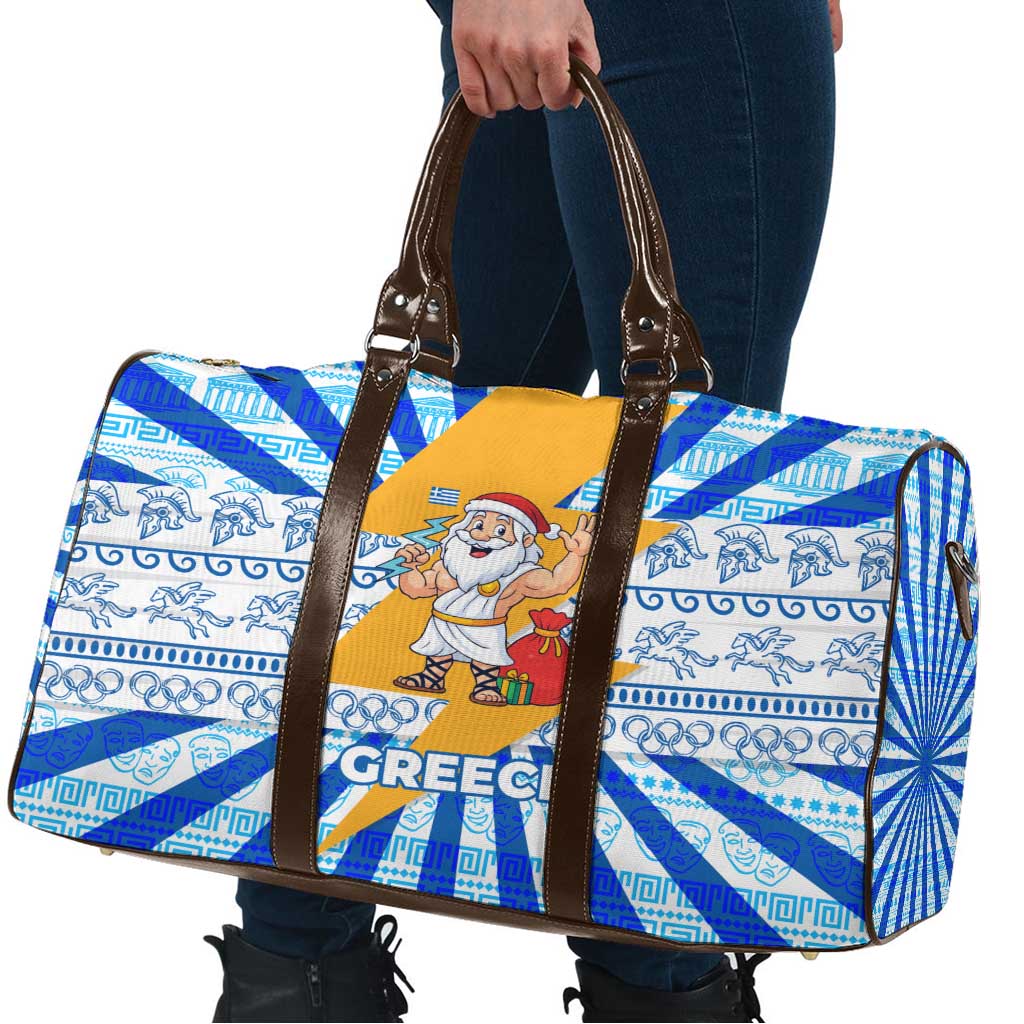 Greece Christmas Travel Bag with Zeus Santa Greek Flag Lightning Bolt Gift Bag and Blue Yellow Pattern Design - Wonder Print Shop