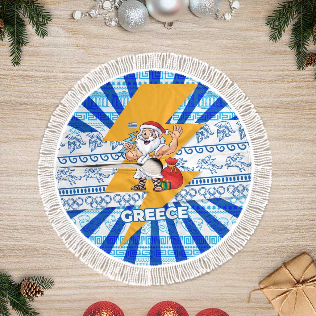 Greece Christmas Tree Skirt with Zeus Santa Greek Flag Lightning Bolt Gift Bag and Blue Yellow Pattern Design - Wonder Print Shop