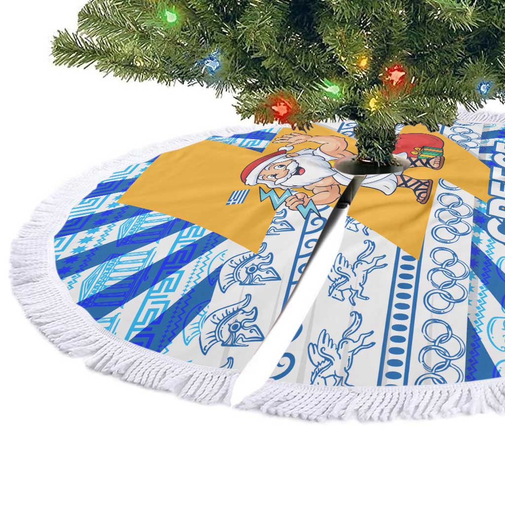 Greece Christmas Tree Skirt with Zeus Santa Greek Flag Lightning Bolt Gift Bag and Blue Yellow Pattern Design - Wonder Print Shop