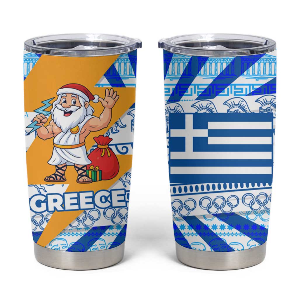 Greece Christmas Tumbler Cup with Zeus Santa Greek Flag Lightning Bolt Gift Bag and Blue Yellow Pattern Design - Wonder Print Shop