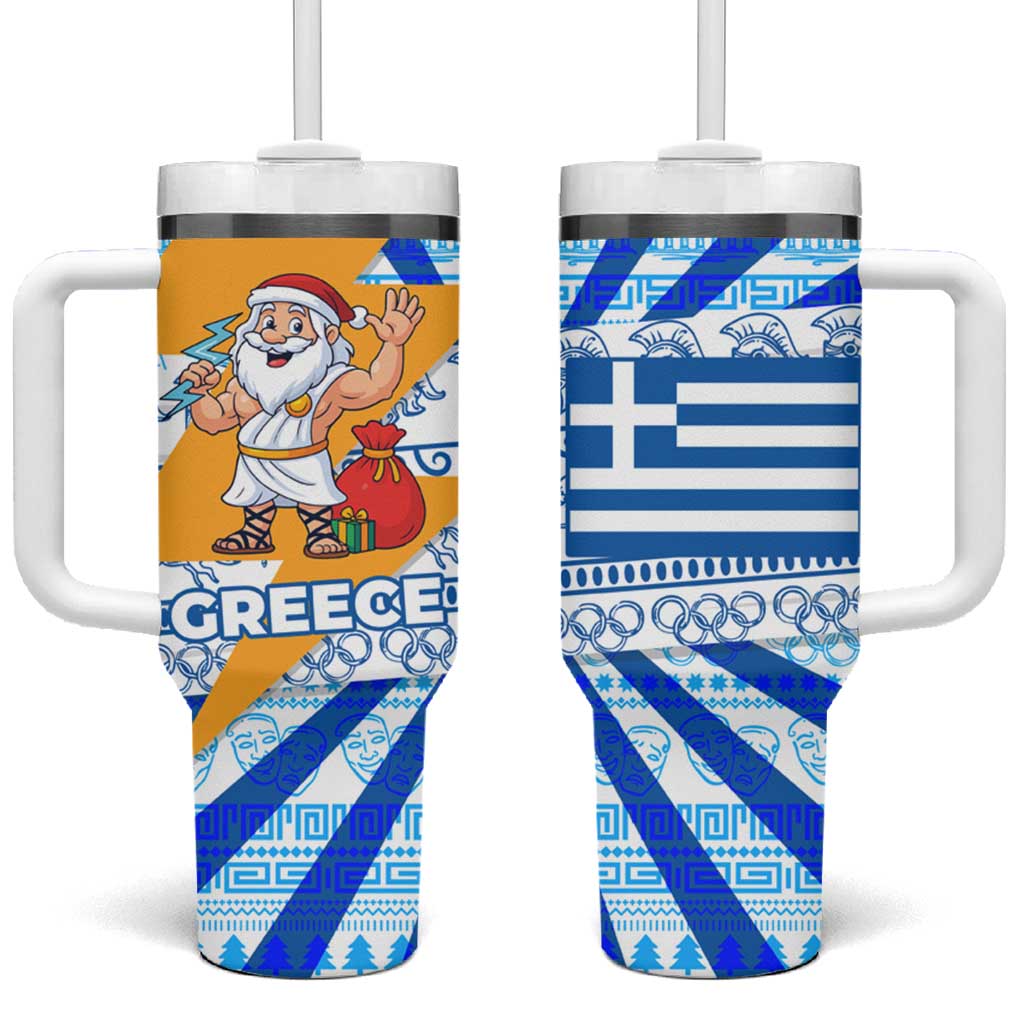 Greece Christmas Tumbler With Handle with Zeus Santa Greek Flag Lightning Bolt Gift Bag and Blue Yellow Pattern Design - Wonder Print Shop
