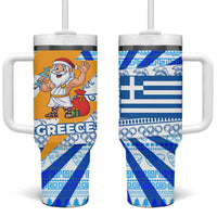 Greece Christmas Tumbler With Handle with Zeus Santa Greek Flag Lightning Bolt Gift Bag and Blue Yellow Pattern Design - Wonder Print Shop