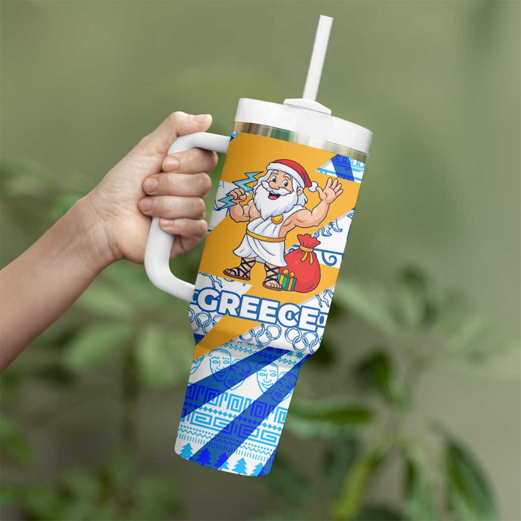 Greece Christmas Tumbler With Handle with Zeus Santa Greek Flag Lightning Bolt Gift Bag and Blue Yellow Pattern Design - Wonder Print Shop