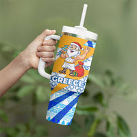 Greece Christmas Tumbler With Handle with Zeus Santa Greek Flag Lightning Bolt Gift Bag and Blue Yellow Pattern Design - Wonder Print Shop