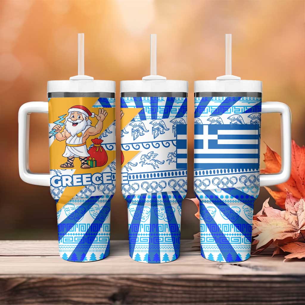 Greece Christmas Tumbler With Handle with Zeus Santa Greek Flag Lightning Bolt Gift Bag and Blue Yellow Pattern Design - Wonder Print Shop