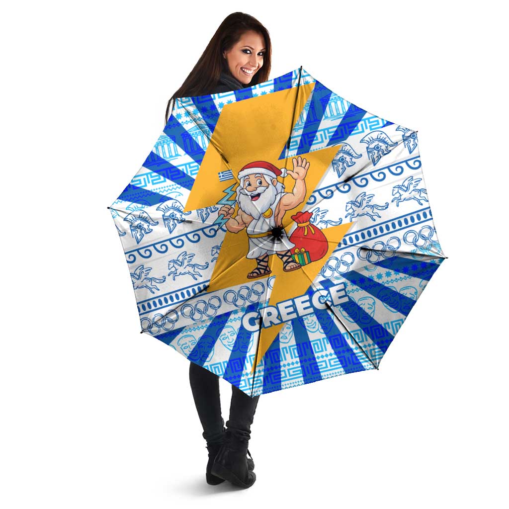 Greece Christmas Umbrella with Zeus Santa Greek Flag Lightning Bolt Gift Bag and Blue Yellow Pattern Design - Wonder Print Shop