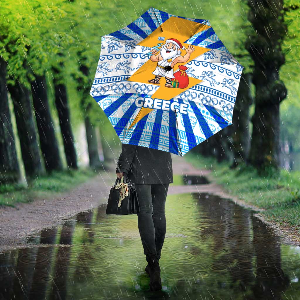Greece Christmas Umbrella with Zeus Santa Greek Flag Lightning Bolt Gift Bag and Blue Yellow Pattern Design - Wonder Print Shop