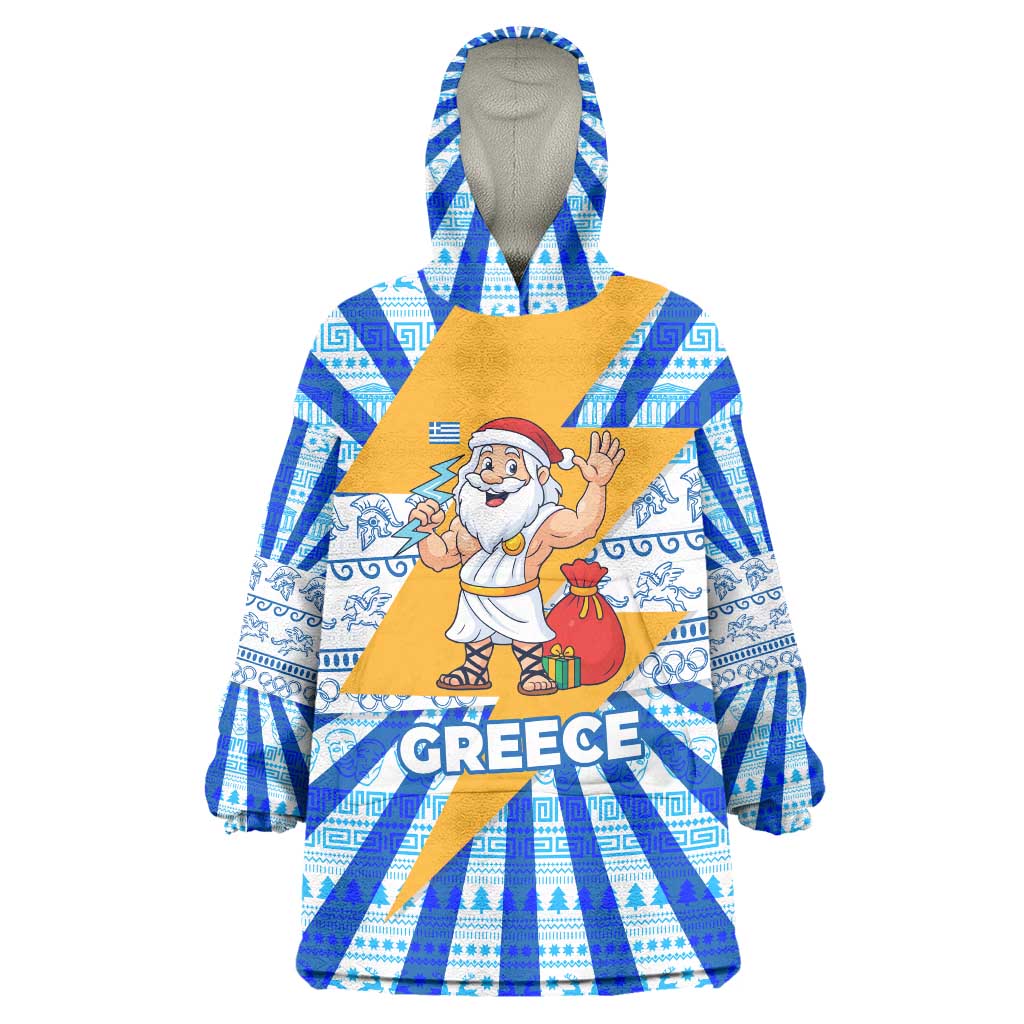 Greece Christmas Wearable Blanket Hoodie with Zeus Santa Greek Flag Lightning Bolt Gift Bag and Blue Yellow Pattern Design - Wonder Print Shop