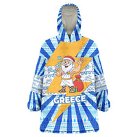 Greece Christmas Wearable Blanket Hoodie with Zeus Santa Greek Flag Lightning Bolt Gift Bag and Blue Yellow Pattern Design - Wonder Print Shop