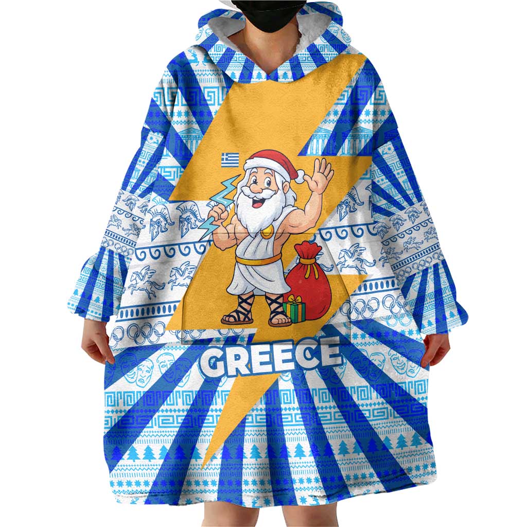 Greece Christmas Wearable Blanket Hoodie with Zeus Santa Greek Flag Lightning Bolt Gift Bag and Blue Yellow Pattern Design - Wonder Print Shop