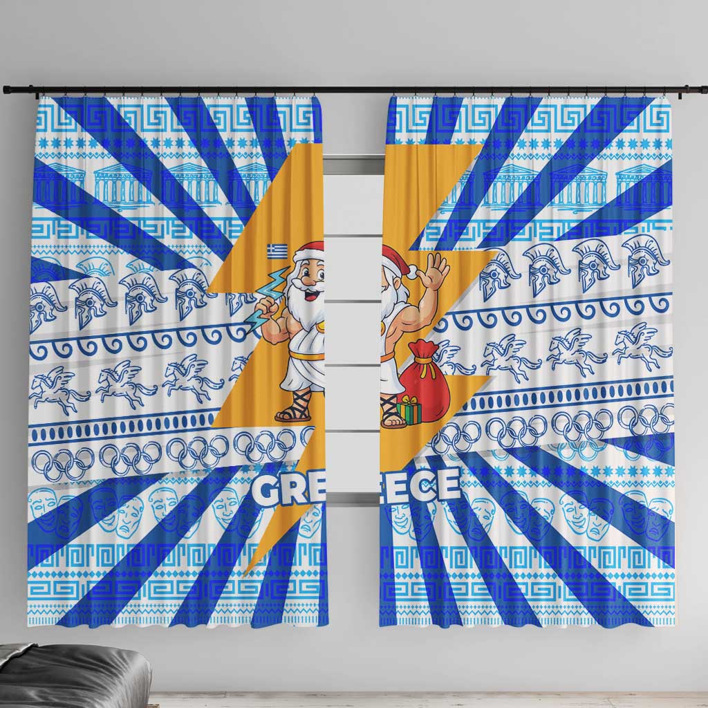 Greece Christmas Window Curtain with Zeus Santa Greek Flag Lightning Bolt Gift Bag and Blue Yellow Pattern Design - Wonder Print Shop