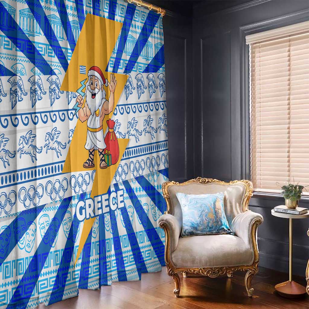 Greece Christmas Window Curtain with Zeus Santa Greek Flag Lightning Bolt Gift Bag and Blue Yellow Pattern Design - Wonder Print Shop