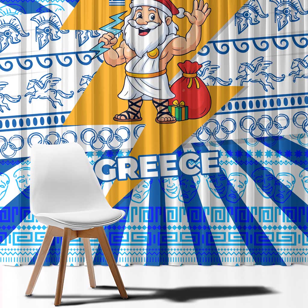 Greece Christmas Window Curtain with Zeus Santa Greek Flag Lightning Bolt Gift Bag and Blue Yellow Pattern Design - Wonder Print Shop