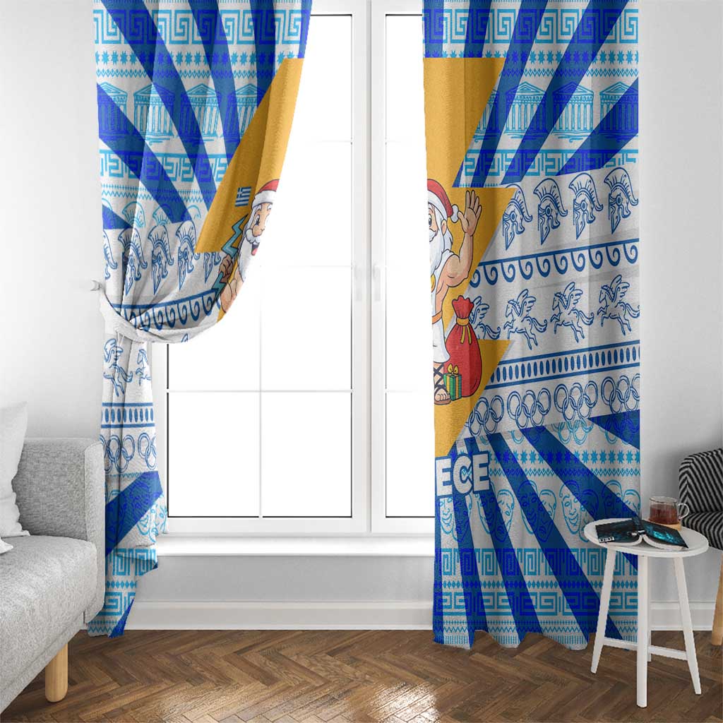 Greece Christmas Window Curtain with Zeus Santa Greek Flag Lightning Bolt Gift Bag and Blue Yellow Pattern Design - Wonder Print Shop