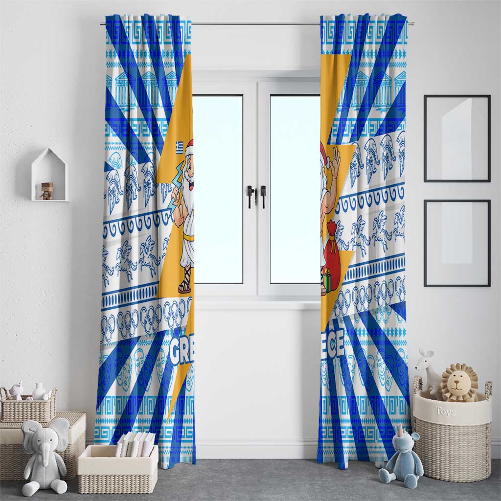 Greece Christmas Window Curtain with Zeus Santa Greek Flag Lightning Bolt Gift Bag and Blue Yellow Pattern Design - Wonder Print Shop
